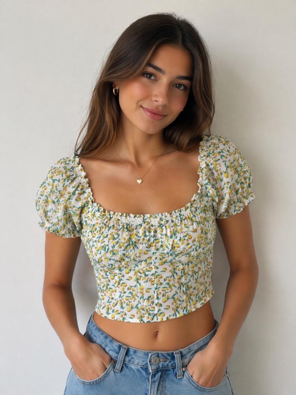 ASTR The Label Lemon Print Smocked Crop Top Off Shoulder Puff Sleeve XS EUC